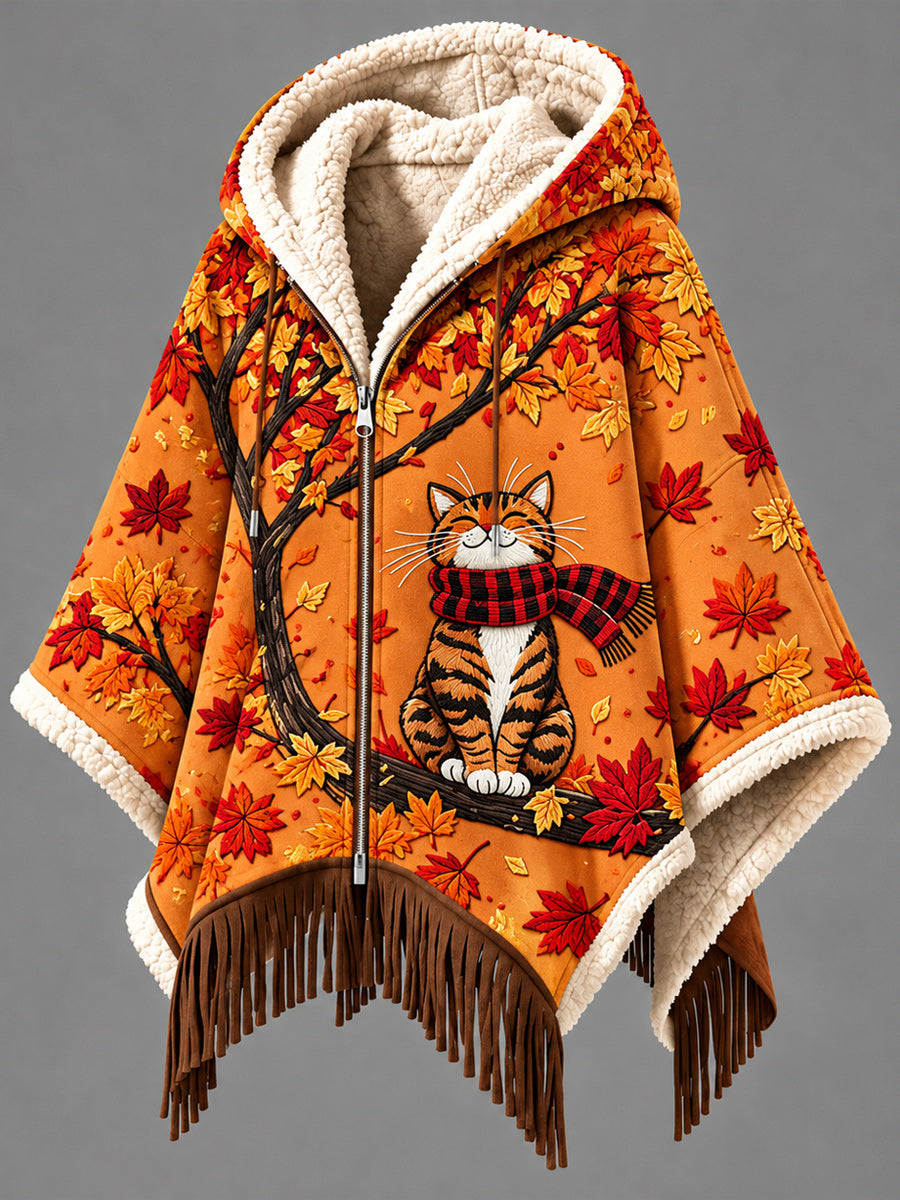 Women's Fall Winter Vintage Art Fleece-Lined Hooded Fringe Poncho